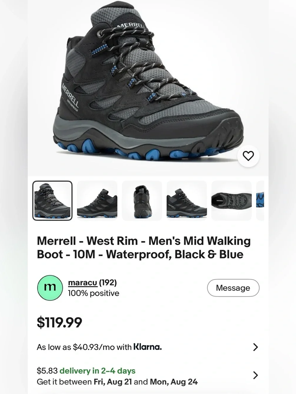 Merrell - West Rim - Men's Mid Walking Boot  size 10 Waterproof, Black & Blue